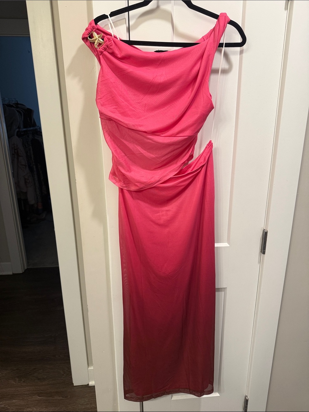 Hello Molly One-Shoulder Hot Pink Evening Gown with Gold Starfish Accent - Picture 2 of 7